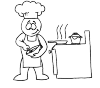 A cook, who is busy cooking. He is in scale to the stirring and right of him are two pans on the stove.