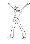 Totally Spies, Alex. Alex is the sportiefste spy and is a bit silly. Normally she has a yellow suit. Here she is in her sport with her hands in the air and her legs wide. She looks happy.