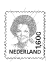 Beatrix on stamp. This is a seal of 1 dollar 60 cents. The face of Queen Beatrix looks straight ahead. If you at the punch starts, her face in the middle. Especially its high up it is very recognizable. The word Netherlands is at the bottom, then cross on the right side is the value 1.60 G stated.