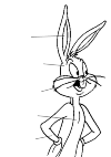 Bugs Bunny is here with his hands in his side. He has his mouth open and he looks to somewhere. His ears stand straight up.