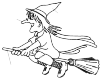 A witch on a broom flying. She flies towards the west.