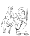 Maria, Joseph and their donkey. Maria sits on the donkey, Joseph walks in front, guiding him