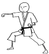 A boy who practices karate. His right arm is stretched out and his hand is gebald to a fist. His left arm is bent and the hand is also gebald to fist