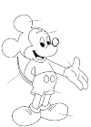 Mickey Mouse with one hand on the back and a hand stretched out. His feet are a little bit apart. His tail is up and he looks happy.
