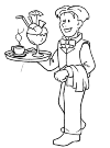 A waiter with a tray in his right hand. On that tray is a cup and a large ice cream. On his left arm hangs a towel.