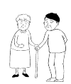 An old man and woman. The man leans with his right arm on a stick. The wife also finds him there.