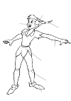 Peter Pan is here with his legs spread and his arms of his body. With one arm, he points to something. Peter Pan is a bit crooked and he has a hat with a feather on his head and a elfenpak to.
