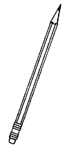 A pencil, the tip of the pencil points in the direction of North-East. At the end of the pencil is a small eraser