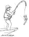 A fisherman, who fishes from a boat. He has a fish on his pole hanging